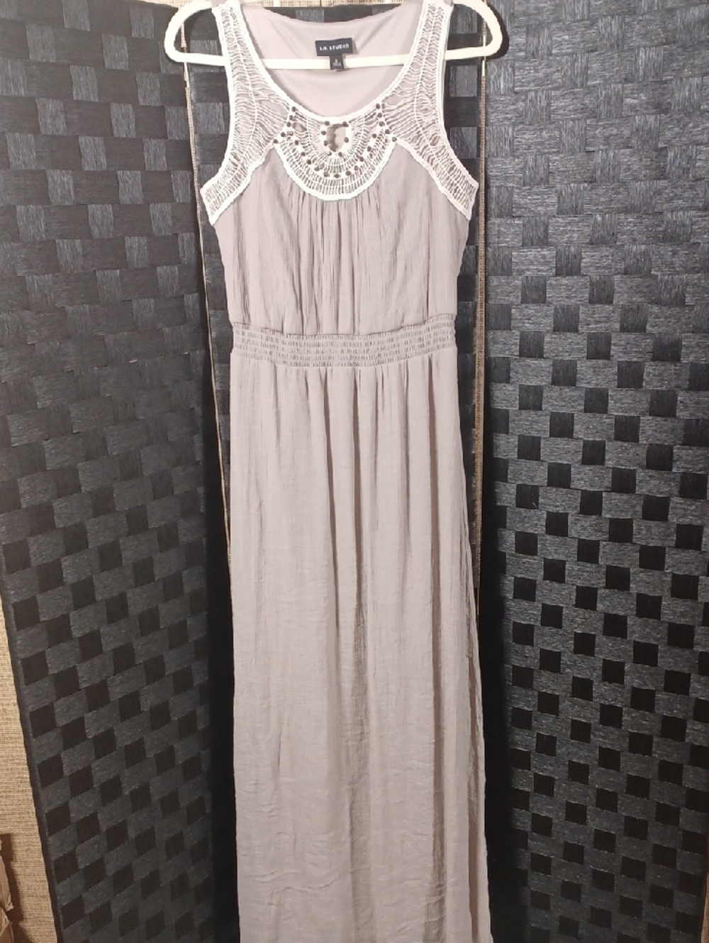 Le Lis Taupe Maxi Dress with White Crochet Yoke